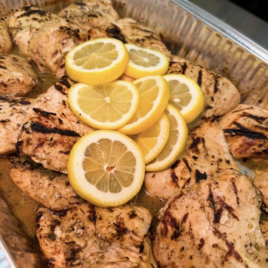 Tray of grilled BBQ lemon chicken breasts topped with fresh lemon slices.