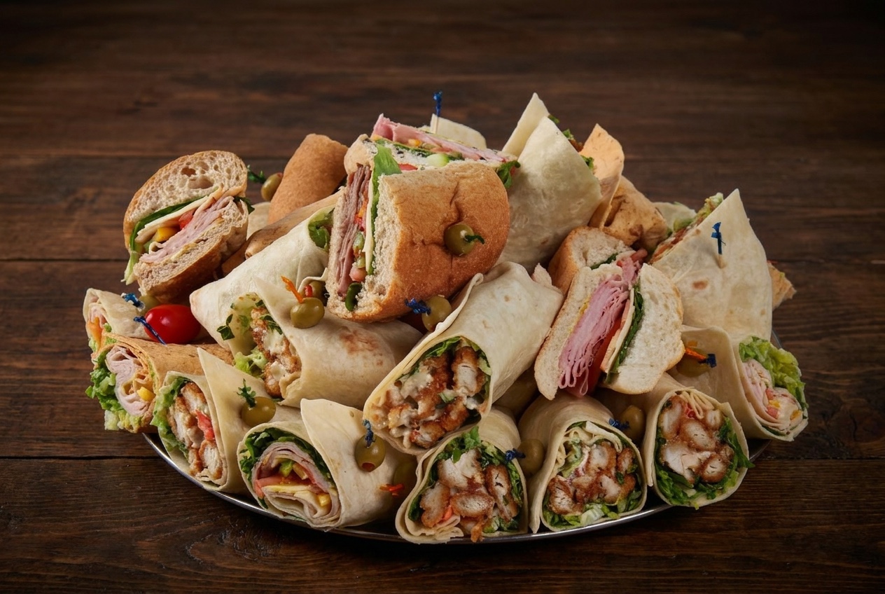 Platter of assorted deli sandwiches and wraps with ham, crispy chicken, fresh greens and olives.