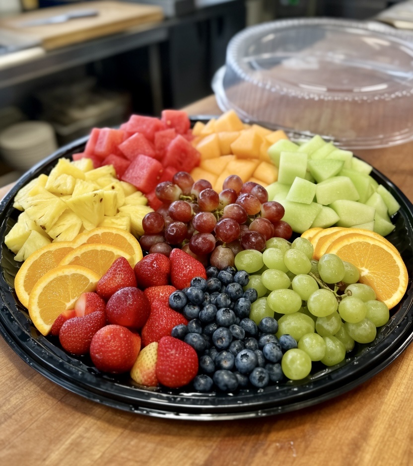 Capri fancy fruit tray with watermelon, cantaloupe, honeydew, pineapple, oranges, grapes, strawberries and blueberries.