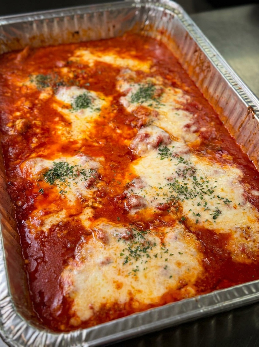 Foil tray of oven-baked chicken parmigiana with tomato sauce, melted mozzarella and parsley.