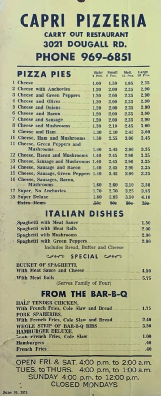 The original Capri Pizzeria menu from 1971.