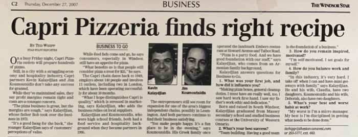 Windsor Star feature on Capri Pizzeria and its owners.
