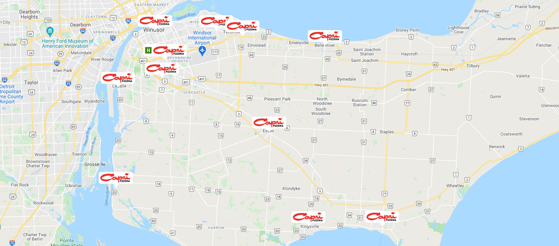 Map of Capri Pizza locations across Windsor and Essex County by 2009.